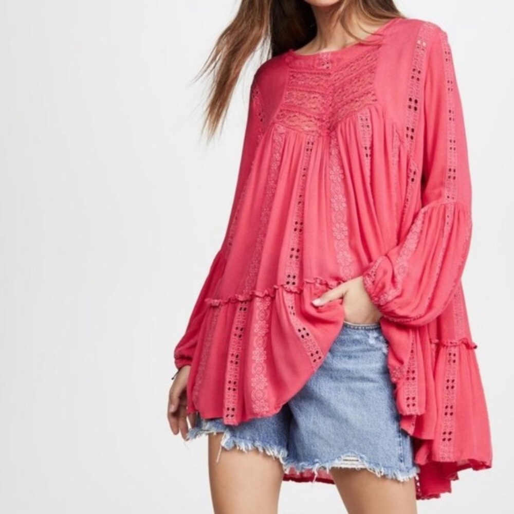 Free People Pink Embroidered Kiss Kiss Tunic Size XS NEW